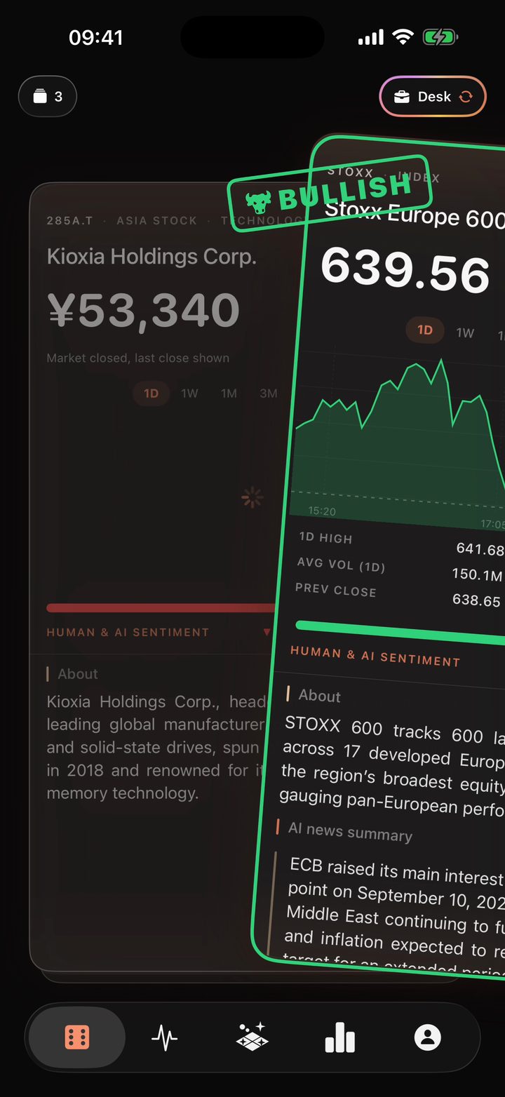 A Mood Street card swiped to the right under a green BULLISH stamp